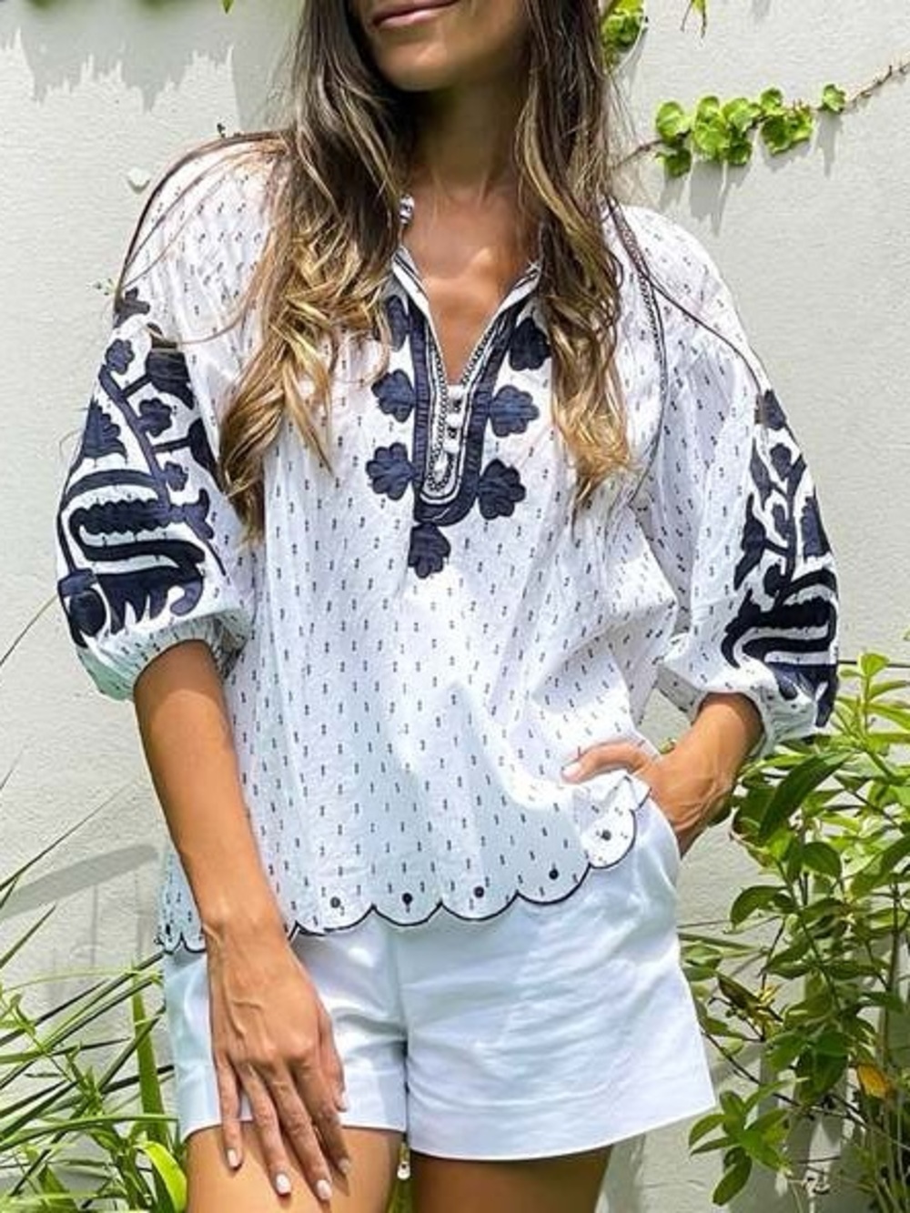 Rose & Rose Ferrara Top - White/Navy Dobby